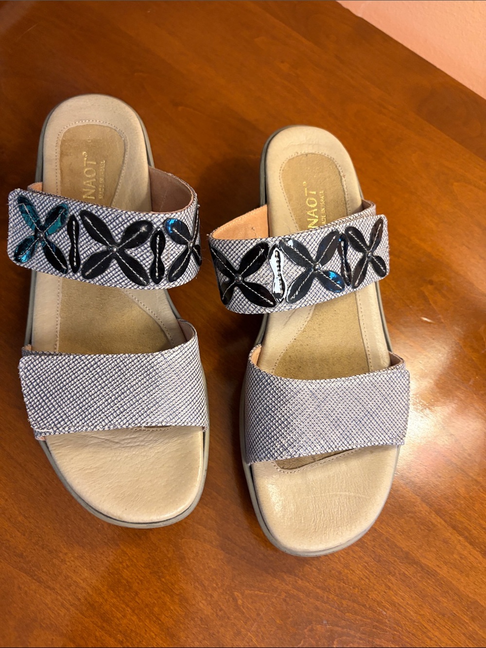 Naot Grey Slide Sandals with Black Embellishments